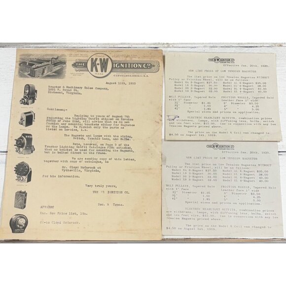 KW Ignition Other - Antique K W Ignition Co Letterhead Pricing Auto Tractor Model Photos Graphic